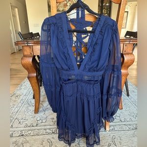 navy flowy cutout dress with tie back